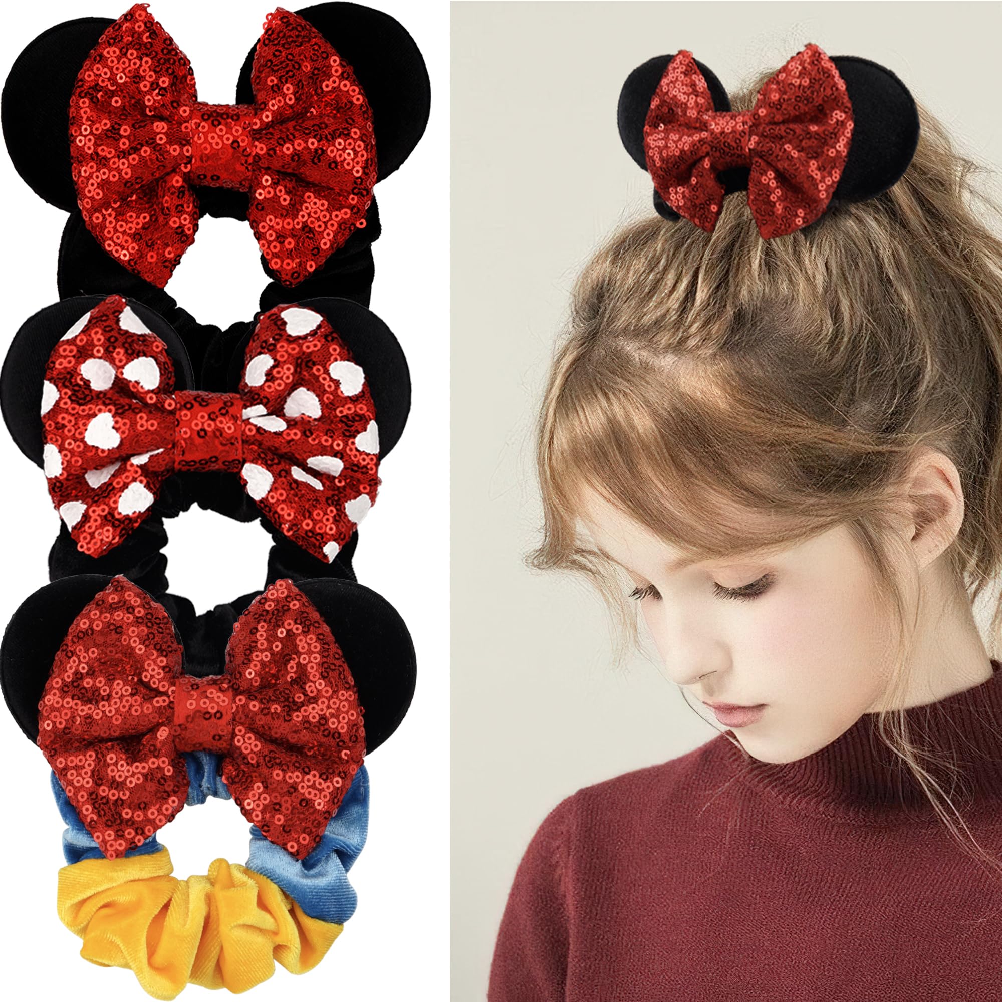 Photo 1 of CÉLLOT 3 Pack Mouse Ears Scrunchies Sparkly Sequin Hair Bows Velvet Hair Scrunchy Hair Ties Elastic Hair Bands Ponytail Holders Hair Accessories for Girls Women Teens Kids