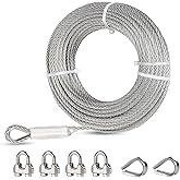 3/8" Stainless Steel Cable, 25FT Wire Rope, 7X 19 Strands Zip Line Cable with Clamps and Thimble, 12000lbs Breaking Strength, Steel Aircraft Cable for Yard Zipline, Winch Cable