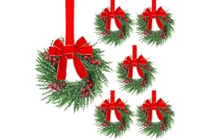 YoleShy 6 Pcs Small Christmas Wreath 12'' Mini Wreaths for Kitchen Cabinet Wreaths with Berry & Red Velvet Bow Ribbon Window Wreath Christmas Xmas Farmhouse Decoration for Front Door Chair Wall