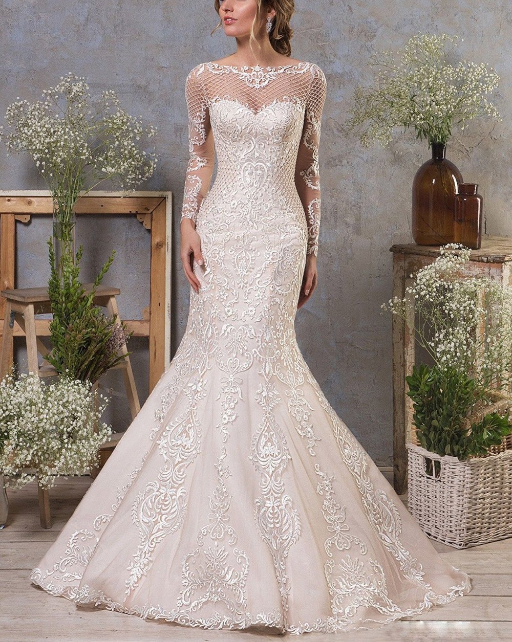 Rudina Detachable Champagne Mermaid Wedding Dresses 2018 Long Sleeves