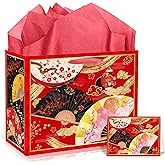 EoBeCy Japanese Gift Bags with Handles, Tissue Paper and Greeting Card, Japanese Fan Cherry Blossom Lantern Patterns Gift Wrapping Paper for Birthday Wedding Hibachi Party Favors Decorations