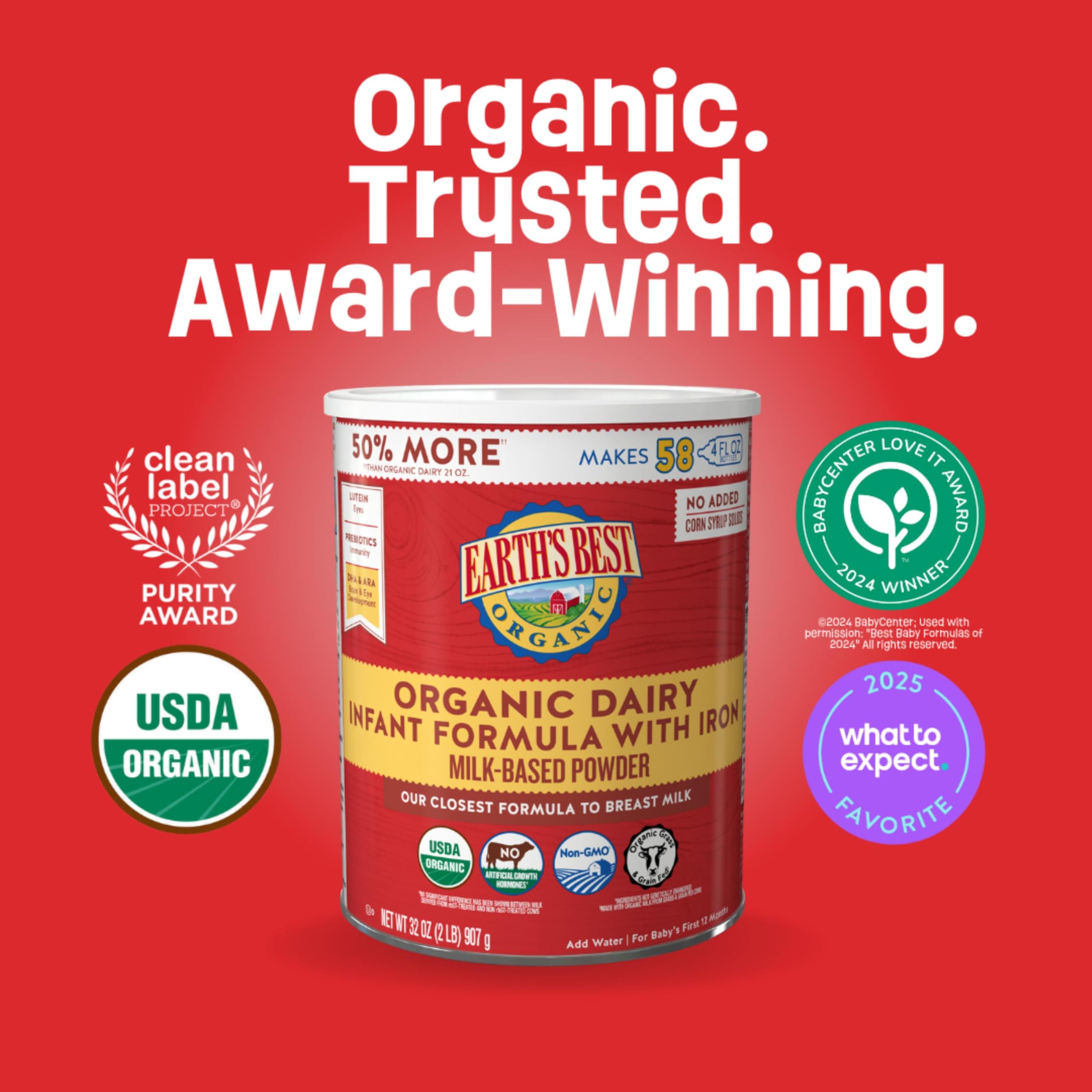 Earth's Best Organic Baby Formula for Babies 0-12 Months, Powdered Dairy Infant Formula with Iron, Omega-3 DHA, and Omega-6 ARA, 32 oz Formula Container