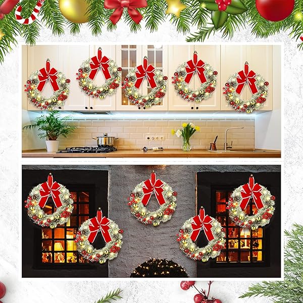 CEENNA 8 PCS LIGHTED CHRISTMAS WREATH 14 INCH PRE LIT ARTIFICIAL CHRISTMAS WREATH WITH BATTERY OPERATED LED LIGHT AND TIMER FOR XMAS FRONT DOOR OUTDOOR WINDOW HOLIDAY PARTY DECOR(RED BOW)