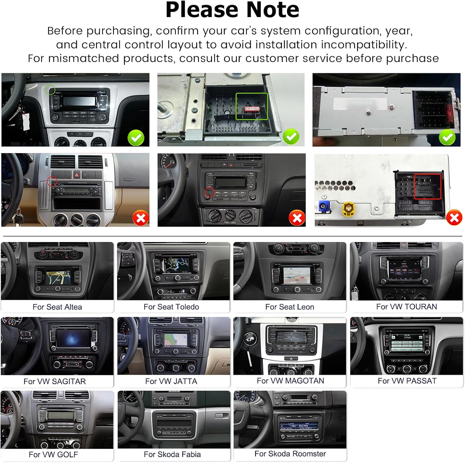 Diagram showing various car dashboard configurations, indicating compatible and incompatible layouts for the car radio installation.