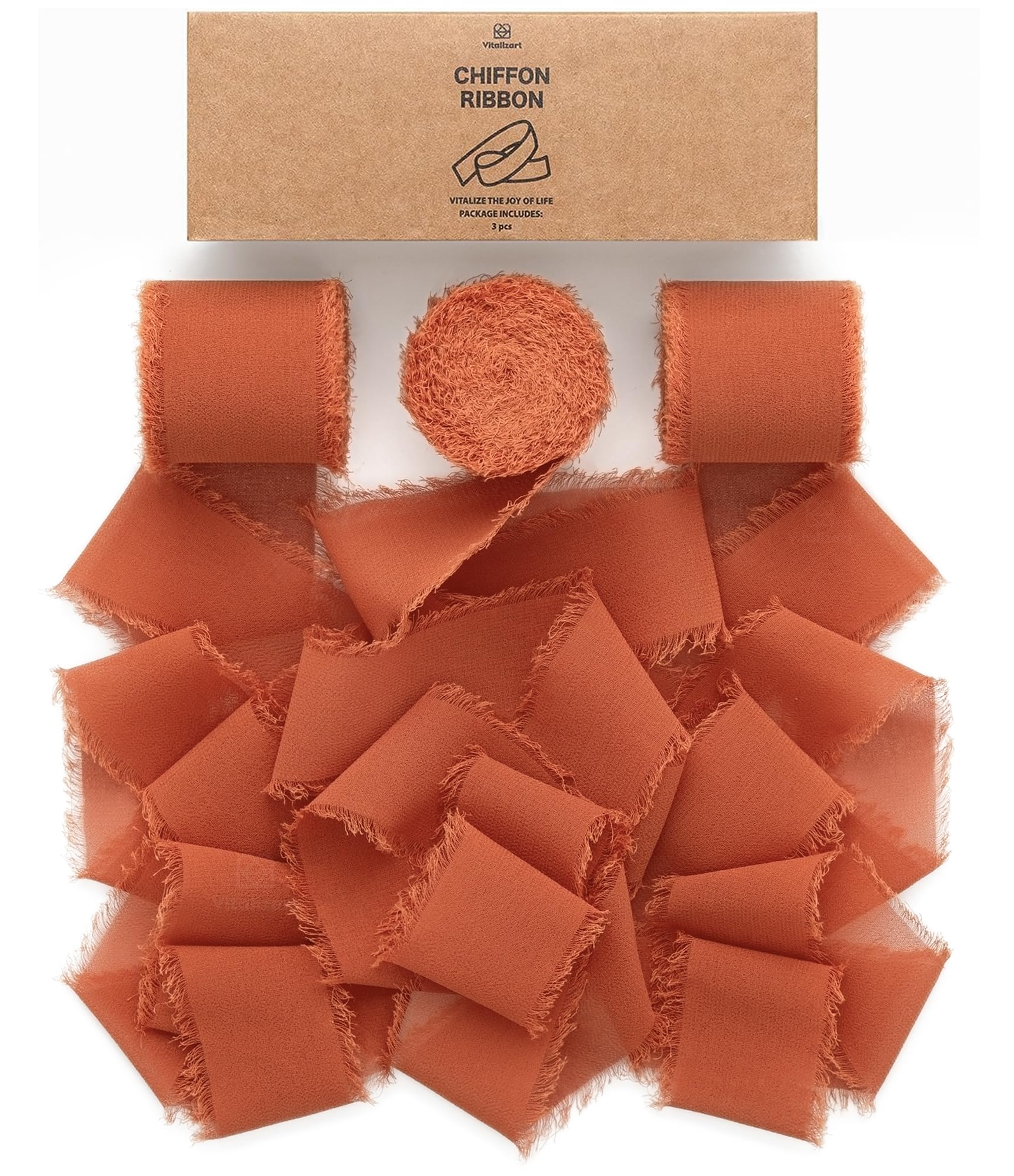 Vitalizart Terracotta Chiffon Ribbon 1.5'' x 21 Yd, Chiffon Silky Ribbons 3 Rolls 1.5'' x 7 Yd, Handmade Fringe for Wedding Invitation, Bridal Bouquet, Gift Wrapping, Holiday Decoration, DIY Craft