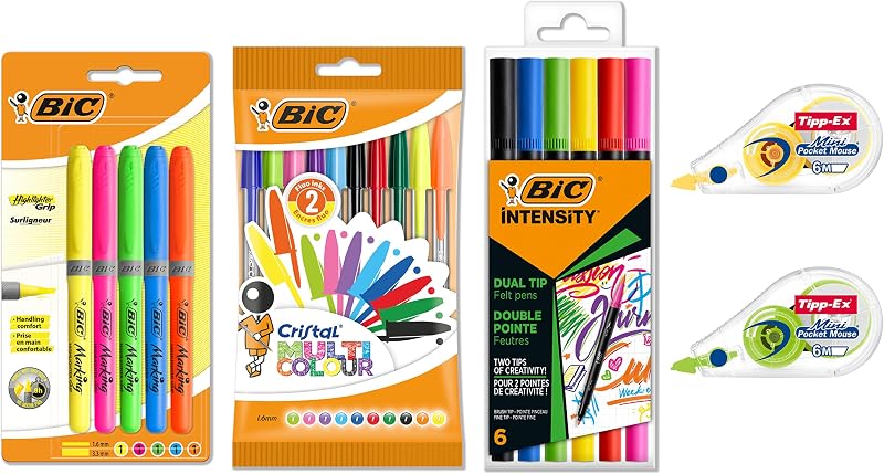 Conjunto colorido bic com mini fita de correção de mouse de bolso, canetas de cristal multicoloridas, marcadores de marca-texto e marcadores de ponta dupla de intensidade - cores sortidas, pacote de 23
