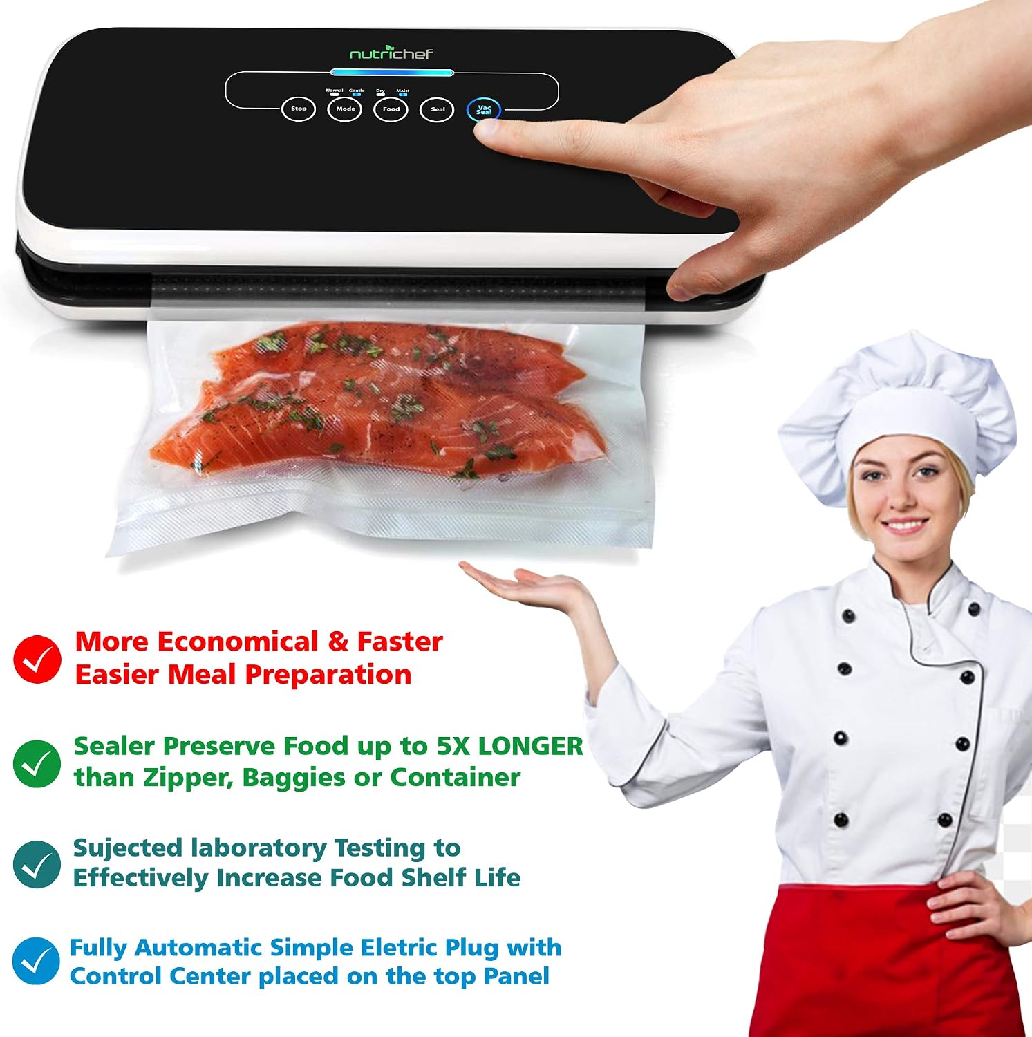 NutriChef Automatic Food Vacuum Sealer Machine – Air Sealing System for ...