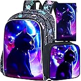AGSDON 3PCS Cat Backpack for Girls, 16" Kids Reflective Backpacks Water Resistant for Elementary Preschool, Girl Bookbag with Lunch Box