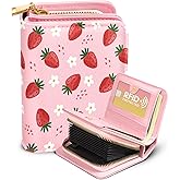 Bistup Credit Card Holder Wallet for Women Cute Leather Ladies Teen Girls Female Cardholder Wallets Accordion Purse Small Medium Aesthetic Print Strawberry Modern Design Rfid Zipper Around