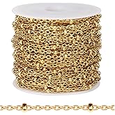 [33 FT] 18K Gold PVD Plated Satellite Chain Bulk for Jewelry Making 2mm 304 Stainless Steel Satellite Ball Beaded Cable Link Chains Roll Spool for DIY Jewelry Making Craft