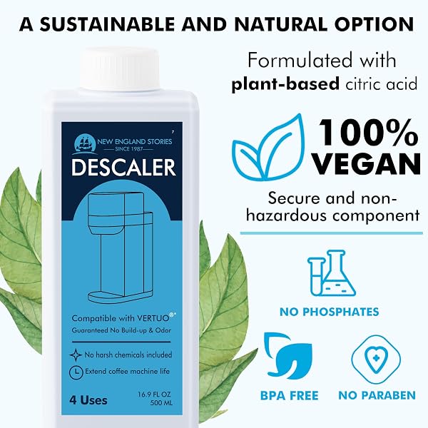 NESPRESSO COMPATIBLE DESCALING SOLUTION, 2 YEARS 8 TOTAL USES DESCALING KIT. EFFECTIVELY REMOVE LIMESCALE & MINERAL BUILD-UP. RESTORE YOUR MACHINE’S PERFORMANCE AND EXTEND LIFESPAN FOR PERFECT COFFEE