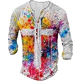 ZOCAVIA Mens Distressed Henley Shirts Cross Graphic Retro Long Sleeve Button V Neck Pullover Top USA Flag Fall Washed Tshirts