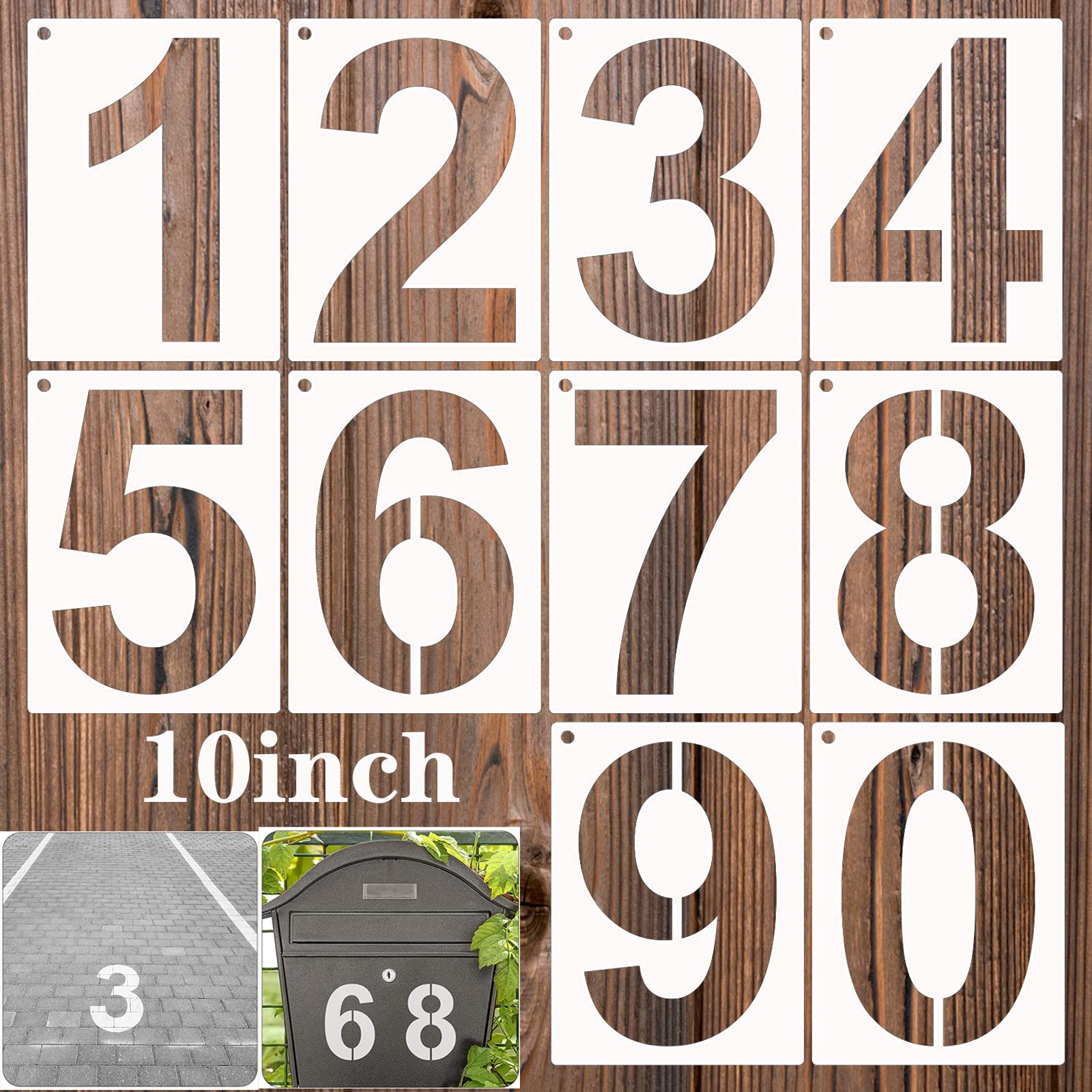 BTORER 10inch 0 to 9 Large Number Stencils Set, 10Pcs Reusable Curb Address Number Stencils for DIY Projects