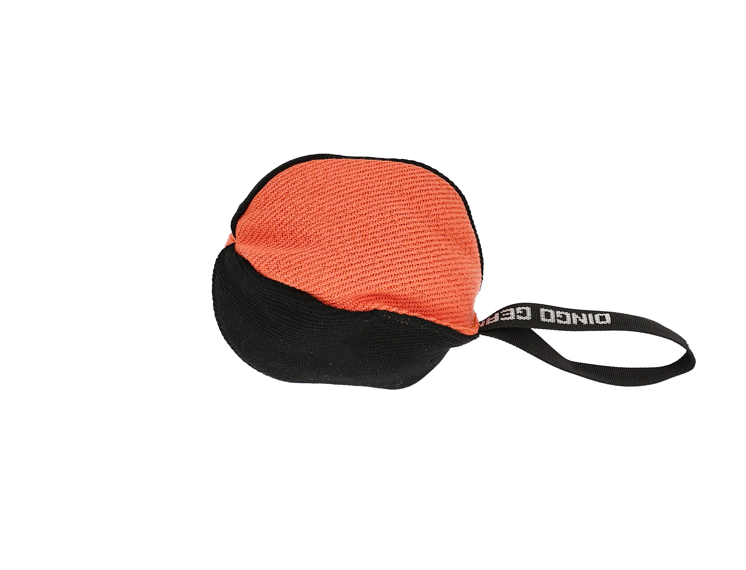 DINGO GEAR Professional Tug Toy Strong Handle for Heavy Duty Training IGP Dog Sports Play Hand Sewn French Material Dog Ball Ø 16 cm - Black and Orange S02788
