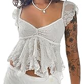 Women Y2k Square Neck Lace Top Flying Sleeve Ruffle Babydoll Blouse Summer Flared Hem Going Out Crop Tank Top (Ivory, L)
