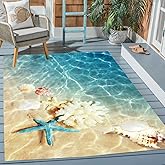 Blue Beige Star Fish and Shell Ocean Theme Outdoor Area Rug 5'x8' No-Slip Waterproof Reversible Rug for Patio Deck Backyard B
