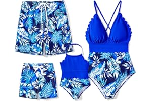 PATPAT Mommy and Me Matching Swimsuit One Piece Leaves Printed V Neck Bathing Suits Family Swimwear Matching Set