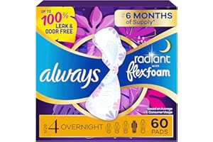 Always Radiant Feminine Pads for Women, Flexfoam Pads with Wings, Size 4, Overnight Absorbency, Lightly Scented, 60 Count (3 Packs of 20)