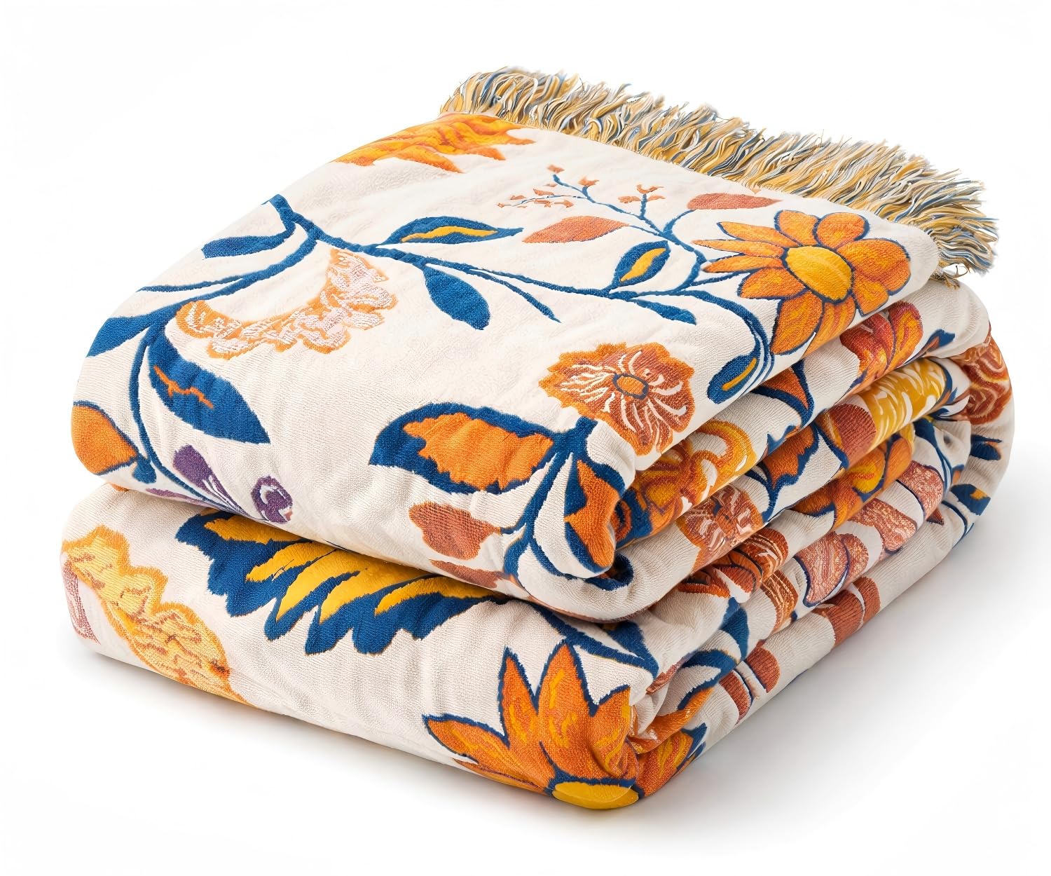 Photo 1 of 100% Cotton Boho Throw Blanket for Home Decor – Classic Farmhouse Quilt Bedding, Muslin Blankets for Adults, Vintage Woven Decorative Blanket for Couch, Bed Layering Use, Botanic Floral, 60"x80"