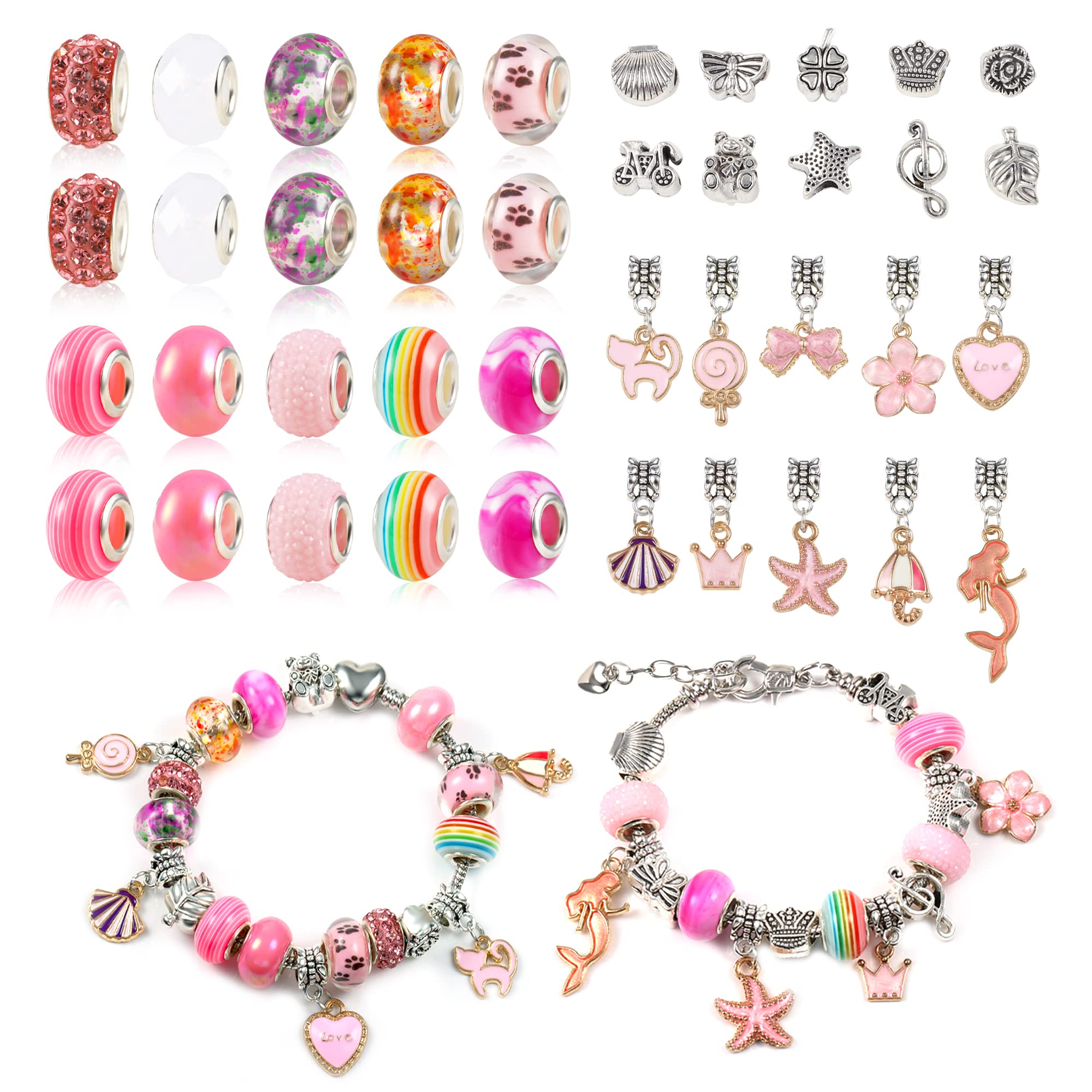 ALEXCRAFT 43 Pcs Bracelet Making Kit for Women Girl | Pink Craft Beads Charms Crafting Assorted for Jewellery Making with Alloy Spacer Charm Beads Assortments