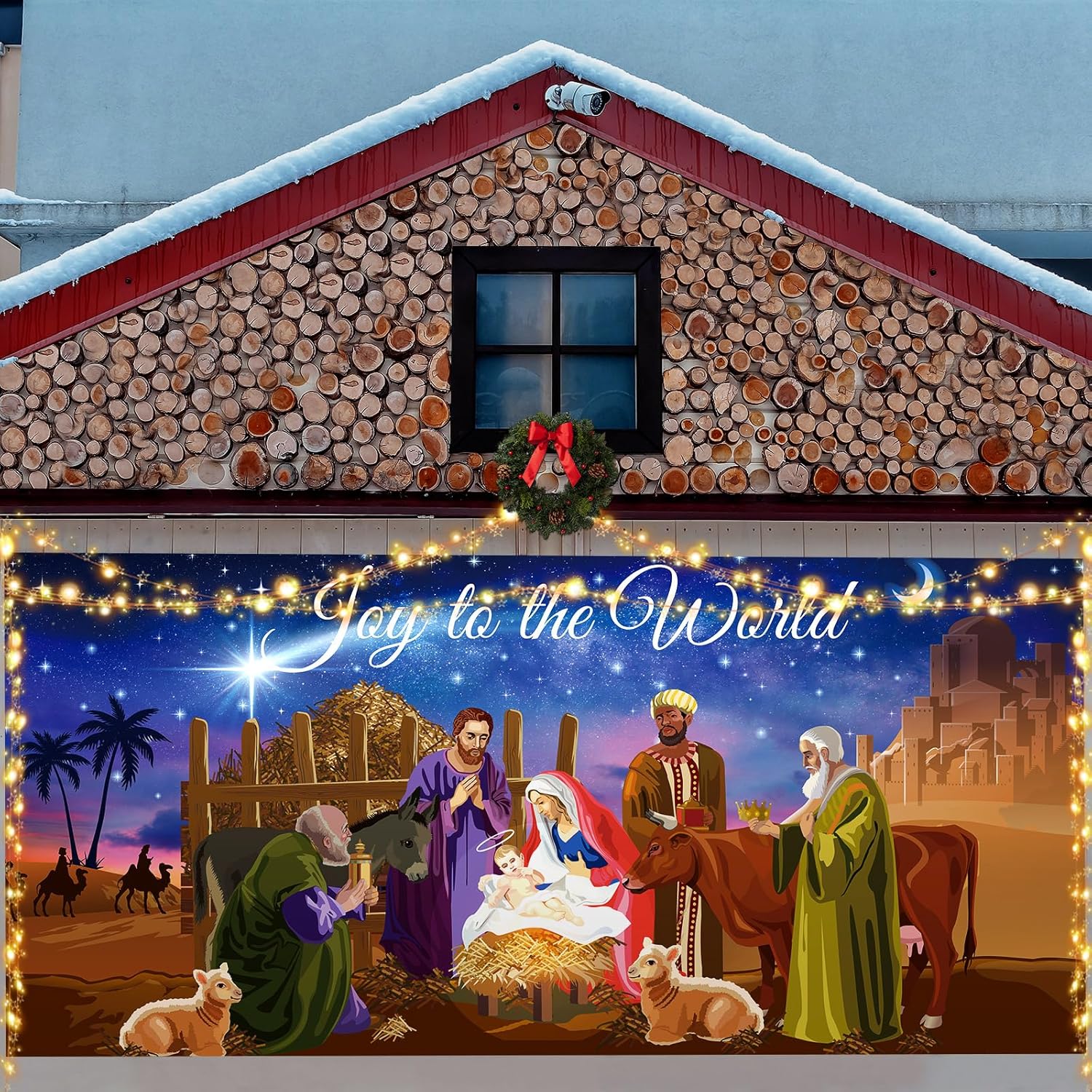 Garage Door Decorations - VitalCozy 3 Pcs Led Christmas Nativity Garage Door Banner with String Light 6 x 13 ft Large Manger Scene Backdrop Christmas Religious Jesus Door Cover Lighted Holiday Nativity Banner
