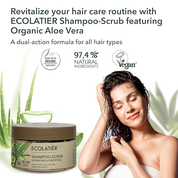 SHAMPOO SCRUB & SCALP EXFOLIATOR WITH ORGANIC ALOE VERA – HYDRATING, FORTIFYING HAIR SCRUB FOR GROWTH, VEGAN, 97.4% NATURAL, GENTLE MOISTURIZING FOR SENSITIVE SCALP