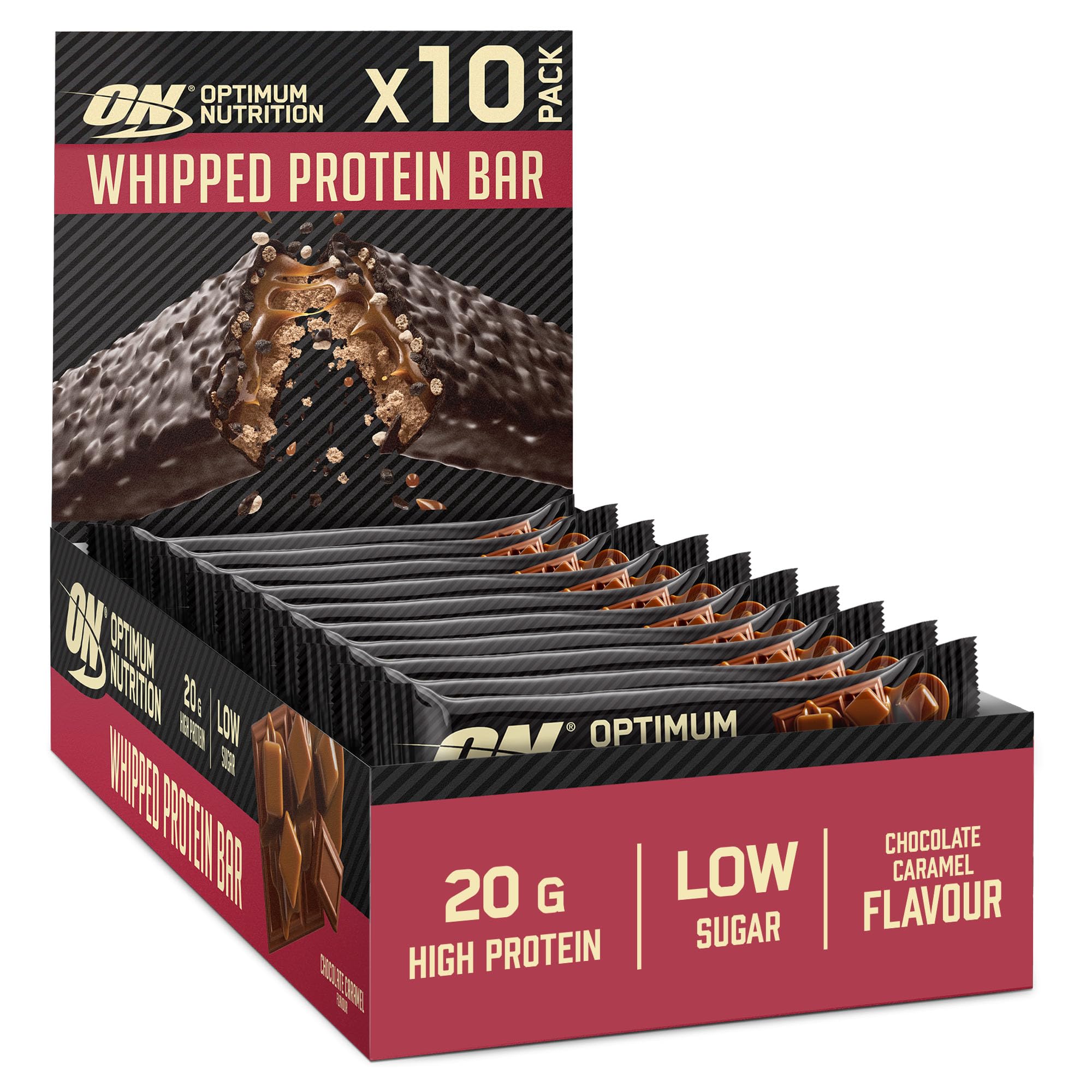 Optimum Nutrition Whipped Protein Bars, Low Calorie Snacks, Low Carb Low Sugar, Workout Snack for Men and Women, Chocolate Caramel Flavour, 10 x 60g