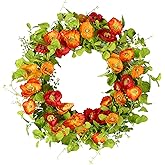 YNYLCHMX 18" Spring Summer Wreaths for Front Door, Artificial Floral Wreath with Poppy Flowers Green Tea Leaves, Green Foliage Wreath for Wall Window Farmhouse Party Holiday Home Decor
