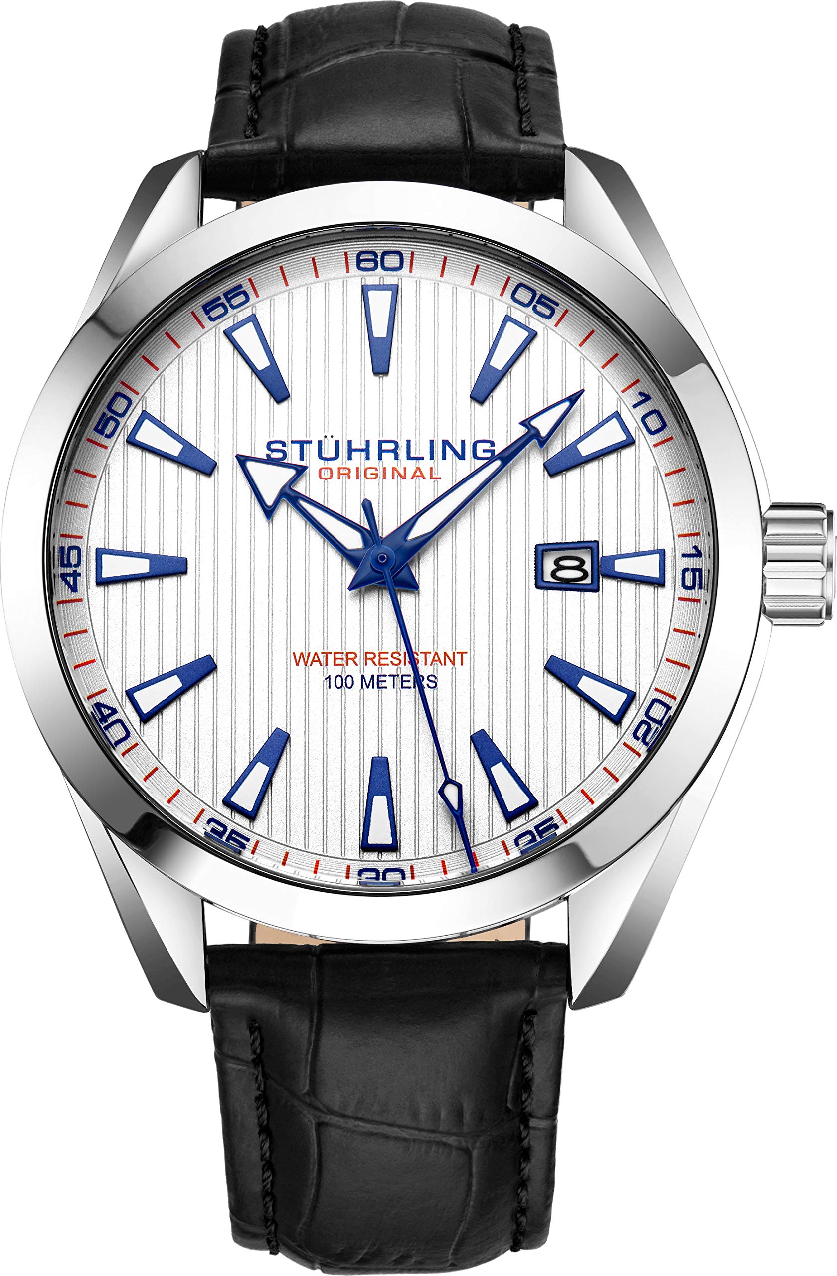Stuhrling Original Mens Watch Analog Dial with Date - Calfskin Leather Strap or Stainless Steel Bracelet, 3953 Watches for Men Collection (Leather/White)