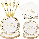 Crisky Wildflower Birthday Plates and Napkins set Women/Men Floral Disposable Tableware Set of 24 for Birthday Party Decorations (Plates, Napkin, Fork)