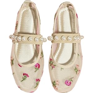 GORGLITTER Girl's Mesh Ballet Flats Cute Floral Embroidered Wedding Princess Pearls Ballerina Dress Shoes