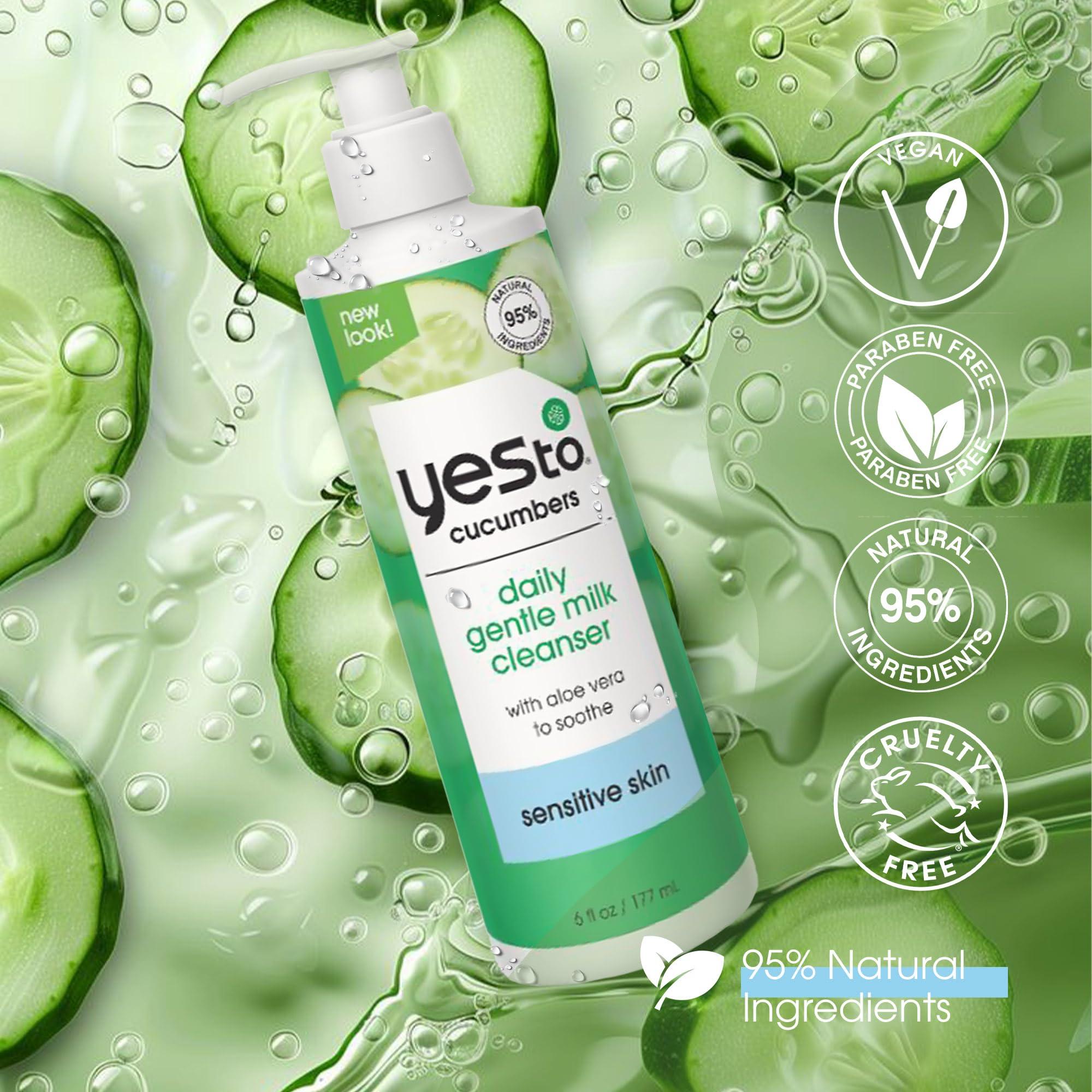 Yes To Cucumbers Daily Gentle Milk Cleanser, Soothing Face Wash That Won't Strip Your Skin & Holds Moisture, With Cucumber Extract, Soy Proteins & Green Tea, Natural, Vegan & Cruelty Free, 6 Fl Oz