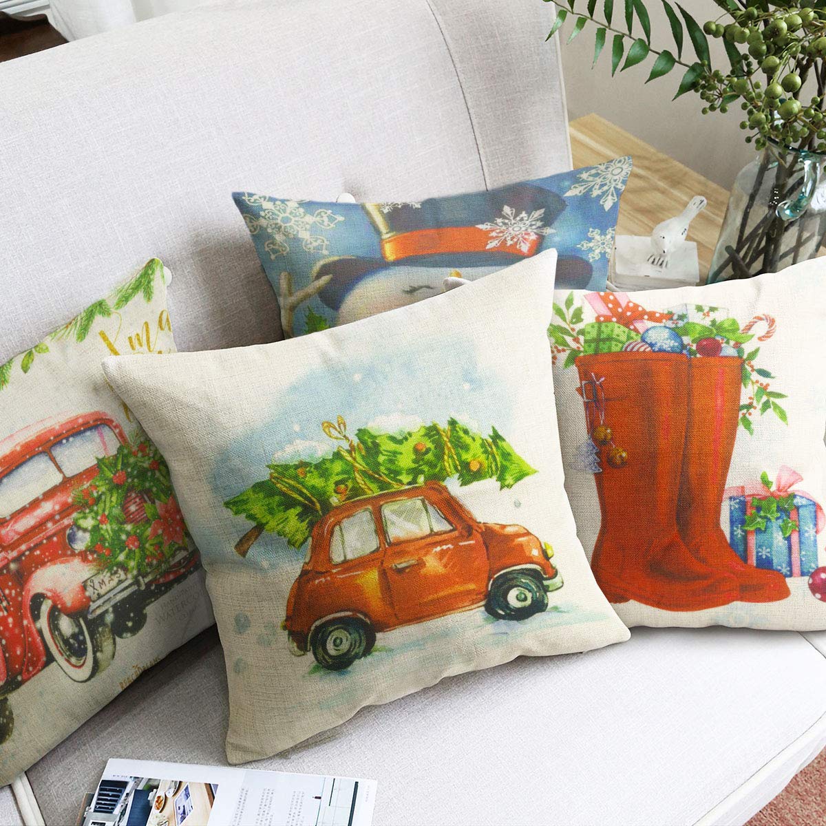 TIGERNU Throw Pillow Covers 18x18 inch (45x45cm) Linen Pillowcases Christmas Decorations Winter Snow Auto Church Cushion Cover for Couch Bed Sofa Car- Set of 4
