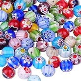 Millefiori Lampwork Glass Loose Assorted Beads Flat Flower Devil's Eye Round Spacer Bead for Bracelet Jewelry Making, Flower Loose Beads 8mm, 100 Pcs