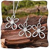 Flower Necklaces Jewelry Set, Dainty Daisy Flower Earrings for Women Silver Plated, Daisy Pendant Necklace Bohemian Sunflower Necklaces