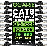 GearIT 10-Pack Cat6 Patch Cable 0.5 Foot / 6 Inches Cat 6 Ethernet Cable Snagless Flexible Soft Tab - Preimum Series - Black
