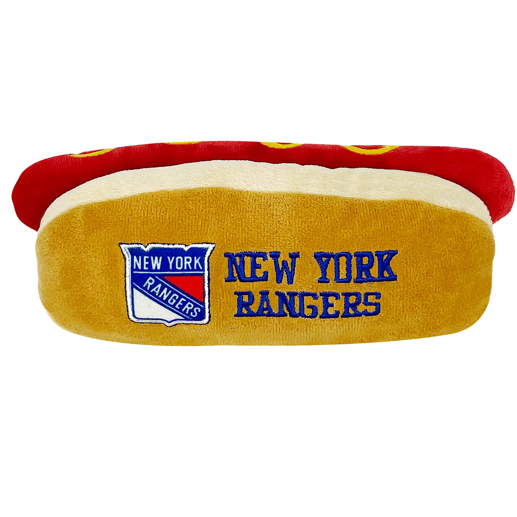 Pets First NHL New York Rangers HOT Dog Plush Dog & CAT Squeak Toy - Cutest HOT-Dog Snack Plush Toy for Dogs & Cats with Inner Squeaker & Beautiful Hockey Team Name/Logo