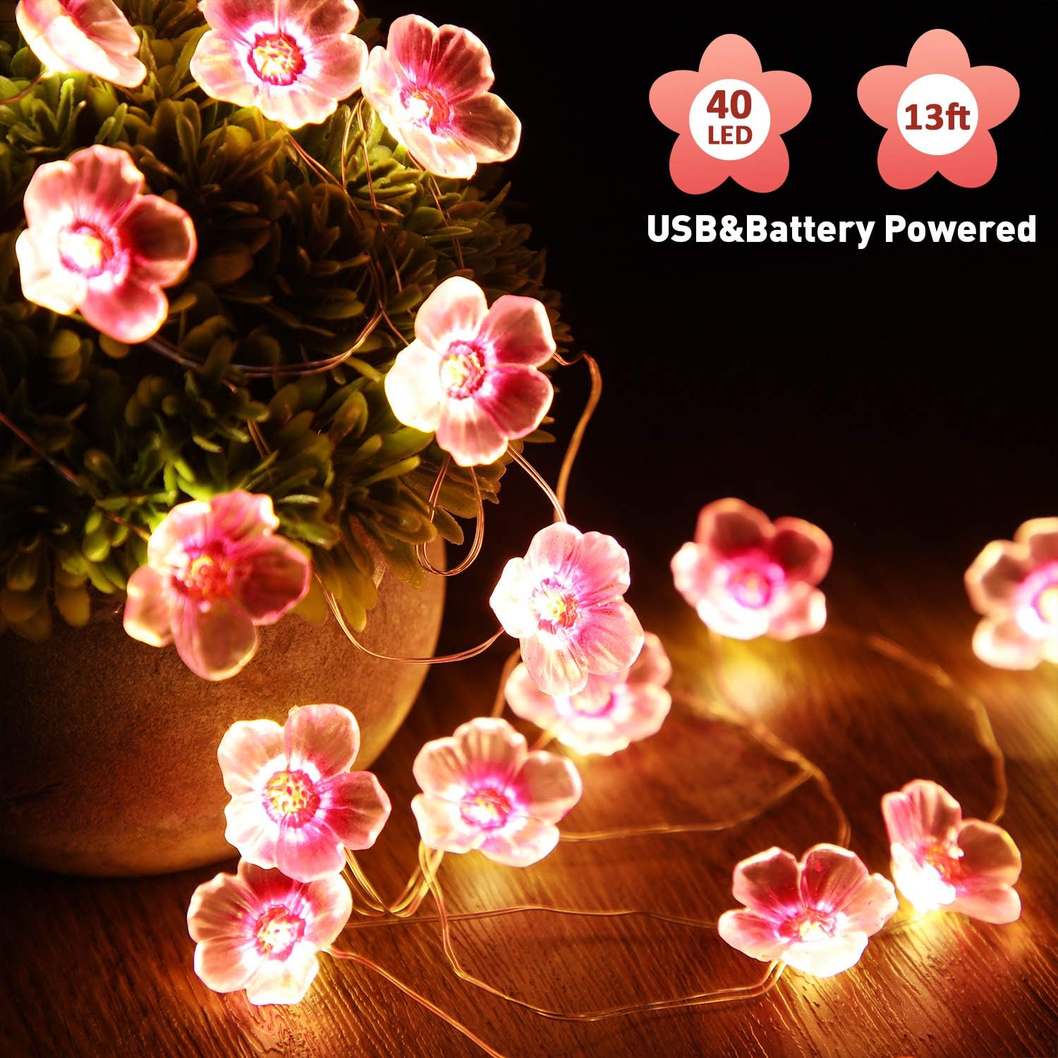 Flower String Lights Fairy Pink Cherry Blossom Lights 13 Feet 40 LEDs USB and Battery Operated Decorative Lights for Girls Bedroom Indoor Outdoor Wedding and Valentines Day