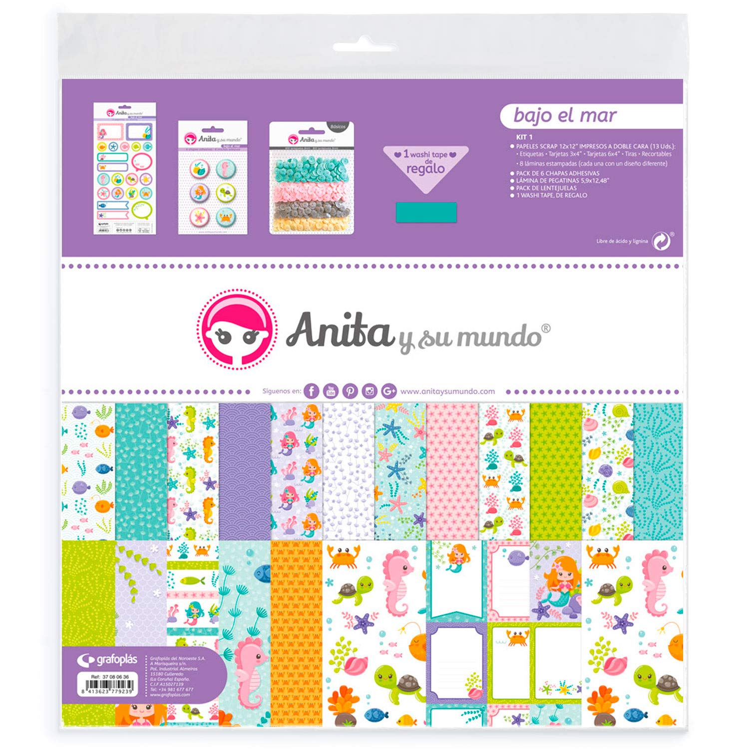 Anita and Su Mundo Collection Under The Sea Kit Scrapbooking, 13 Printed Papers, Stickers, Plates, Sequins, Pastel, Washi Tape, Paper, Multicoloured, 12 x 12 Inches