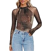 Zeagoo Long Sleeve Shirts for Women Floral Mesh Sheer Top Mock Neck Double Lined Fitted Going Out Blouses