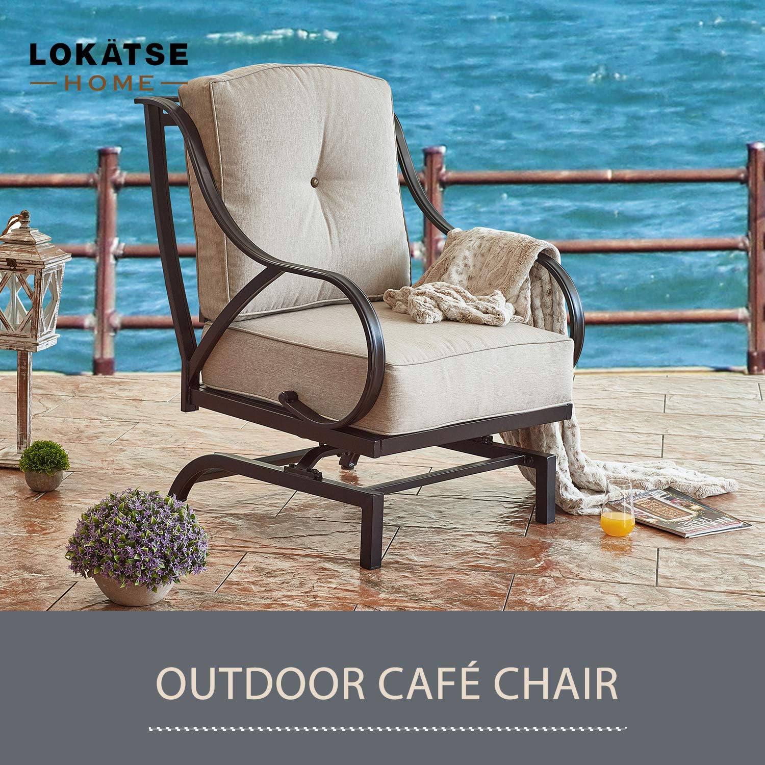 LOKATSE HOME Outdoor Bistro Wrought Iron Furniture Patio Metal Conversation Seating Chair with Thick & Soft Cushions Curved Armrest, Armchair, Beige : Garden & Outdoor