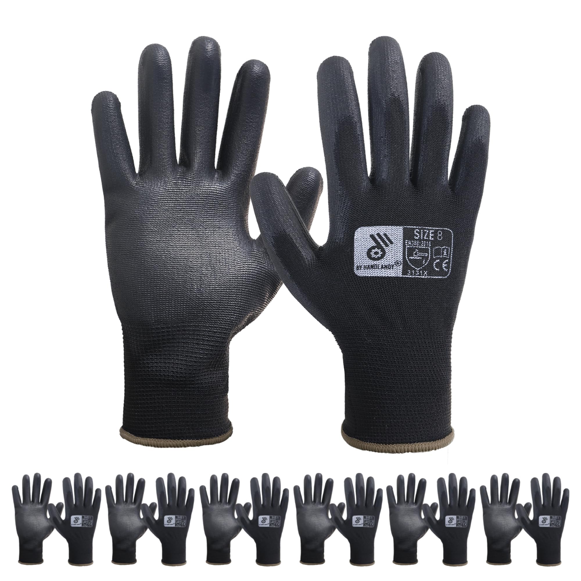 HANDLANDY 6 Pairs PU Coated Nylon Black Protective Work Gloves, Non-slip Flexible Gloves for Construction, Warehouse, Gardening, Medium โ image 1