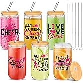 Jingmore 6 Pcs Cheerleader Gift Bulk for Team Cheer Cups 16 oz Clear Glass Tumbler with Lids and Straws for Cheer Sport Party Favor Women Teen Senior Night Gift