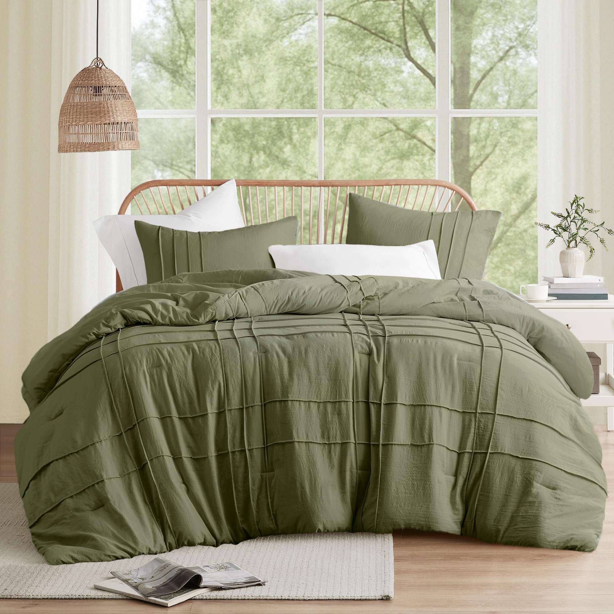 Comfort Spaces Olive Green Full Size Comforter Set - 3 Pieces Pintuck Pleated Bedding Sets, All Season Lightweight, Extra Softness Pre-Washed Microfiber Full Bed Set, Shams, Full