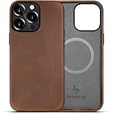 Belemay Compatible with iPhone 12 Pro Max Leather Case Magsafe-Top Grain Vintage Crazy Horse Leather-Metal Buttons Camera Bezel-Slim Fit-Precision Crafted Premium Phone Cover (6.7-inch)-Retro Brown