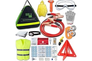 HolaKit Auto Emergency Kit, 55-Piece Car Emergency Roadside Kit with Jumper Cables, First Aid Kit, Safety Hammer, Goggles, To