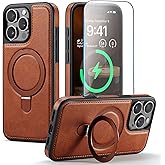 CHEEWADA for iPhone 16 Pro Max Case with Stand Compatible with Magsafe Slim PU Leather & Rubber Drop Proof Magnetic Kickstand Protective Phone Cover with Tempered Glass Screen Protector 6.9", Brown