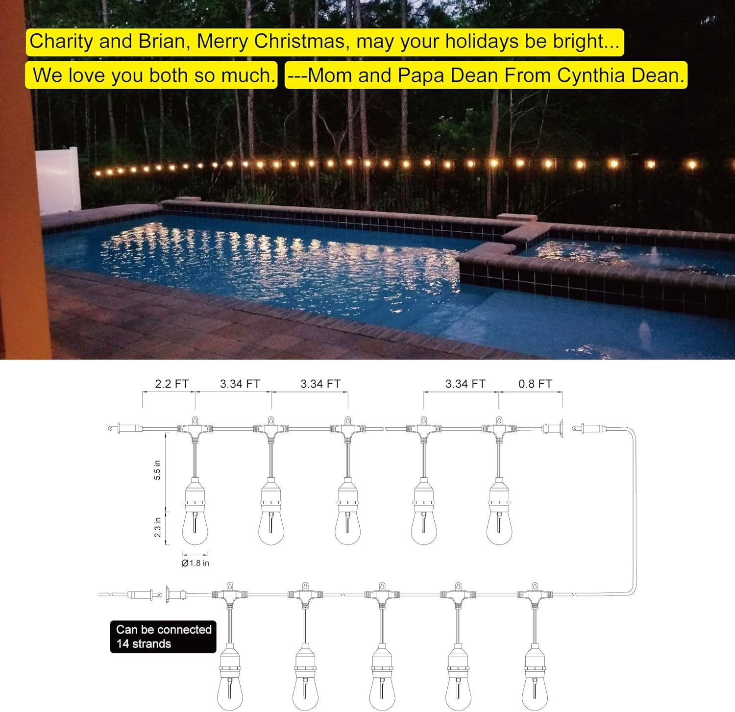 Outdoor String Lights LED 100FT Commercial Grade Heavy Duty Light String Lights with 30 Sockets 32 Shatterproof Plastic Bulbs Include 2 Spare S14 Dimmable Edison Bulbs Patio Market Cafe String Lights - - 