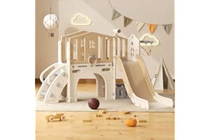 YUFU 8 in 1 Toddler Slide Set, Kids Slide for Toddlers Age 1-3, Toddler Playset with Climber, Basketball Hoop and Ball, Outdoor Indoor Playground for Toddlers 1-3 (Beige+Coffee)