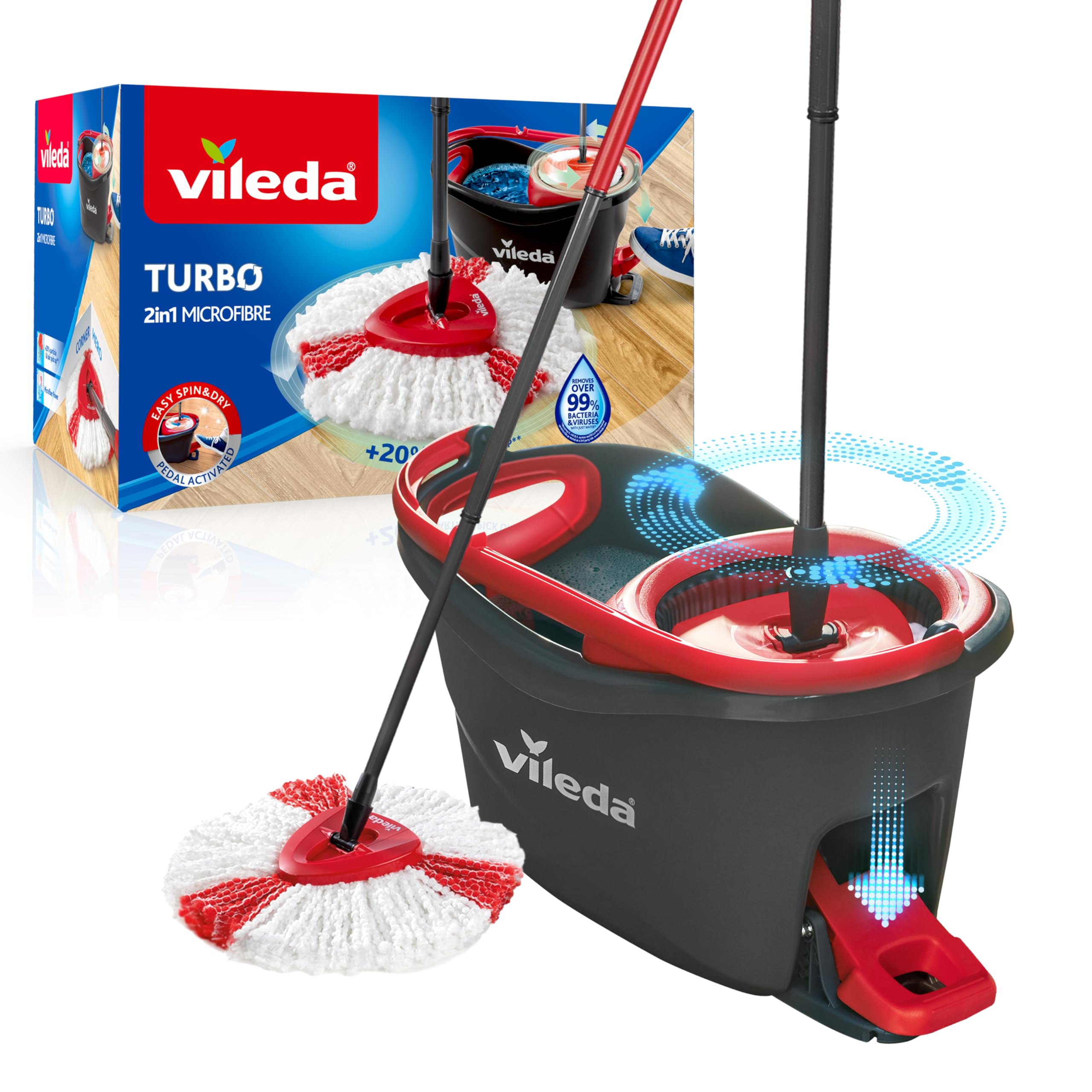 Vileda Turbo Wischmopp Komplett Set | Mikrofaser-Mopp mit Teleskopstiel & Eimer mit Schleuder - Hygienisches und nachhaltiges Wischsystem mit Pedal | Für Fliesen, Laminat & Parkett | Eco-Verpackung